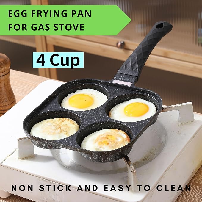 4-Cup Nonstick Egg Frying Pan Gas & Induction Omelette Skillet | Black 4-hole non stick egg pan with 1 spatula and 1 brush. Perfect for morning pancakes, bacon, and quick breakfast.