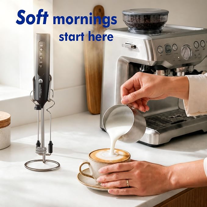 Rechargeable Milk Frother with Stand, 4 Interchangeable Whisks & Travel Case – Handheld Mixer for Lattes, Matcha, Hot Chocolate, Eggs & Protein Shakes