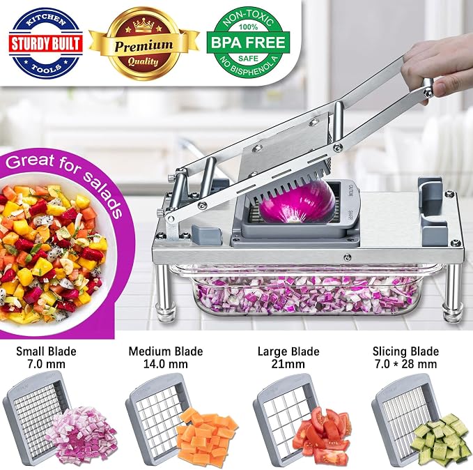 Vegetable Chopper Veggie Cutter Onion Food Potato Dicer with Container | Stainless Steel Construction, Fruit Potato Salad Dicer, Study Container, Easy Cleaning, Safety Hand Guards