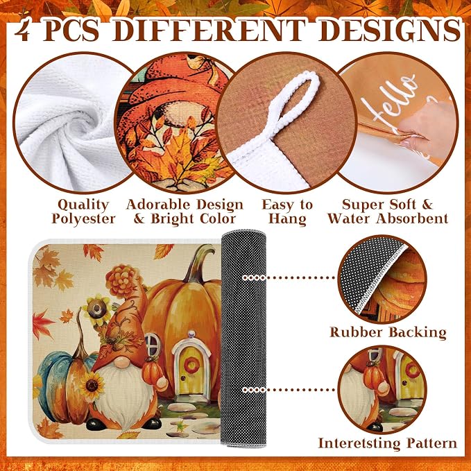 Fanfanwin 10 Pcs Fall Pumpkin Kitchen Decor and Accessories Set Autumn Kitchen Towels Rugs Pot Holders Oven Mitts Set Gnome Maple Leaves Decorations for Baking Cooking BBQ Autumn Home