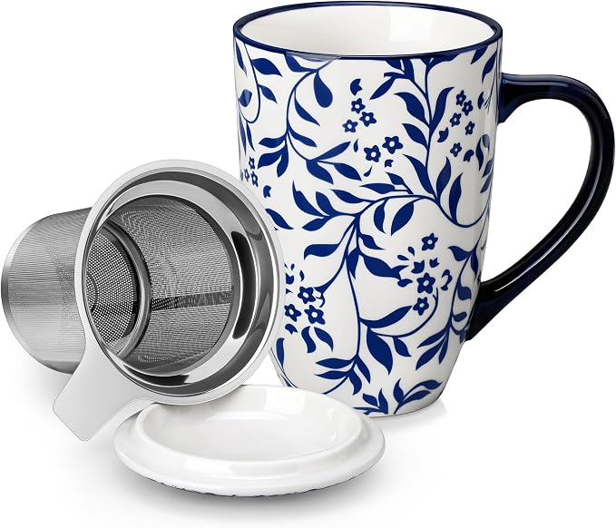 vancasso SELENE Porcelain Tea Mug, 18 oz Porcelain Tea Cup with Infuser and Lid Steeps Loose Leaf Tea, Microwave & Dishwasher Safe, Delicate Floral