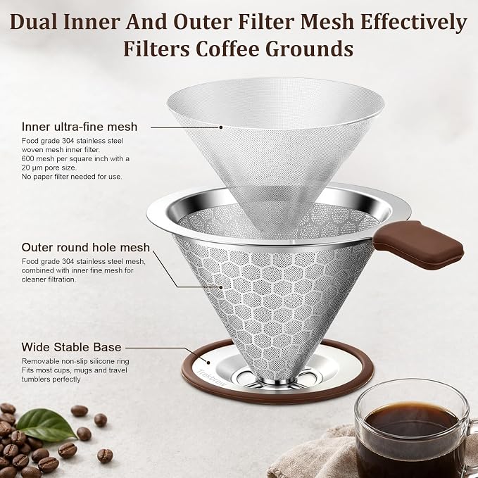 Pour Over Coffee Dripper, Stainless Steel Coffee Filter 600 Mesh Ultra-Fine,Paperless Reusable Coffee Filter,1-2 Cup Portable Single Serve Coffee Maker for Home Office Travel