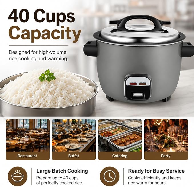 40 Cups Commercial Rice Cooker/Warmer | Large Capacity Rice Cooker is built to last through constant rigorous use.
