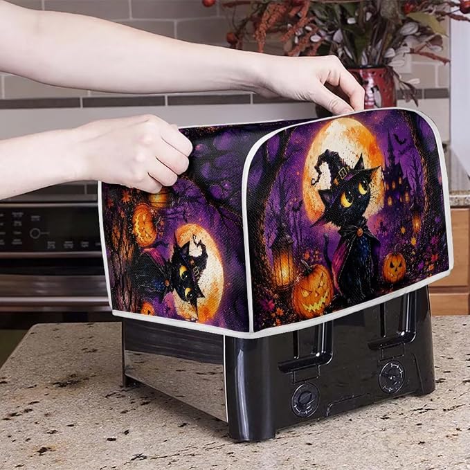 Witch Cat Print Toaster Dust Cover Pumpkin Print Bread Maker Machine Covers Anti Fingerprint Kitchen Small Appliance Cover for Halloween Decor