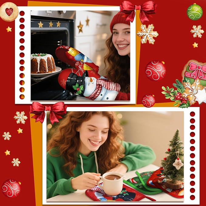 SiliFine 12 Pcs Traditional Christmas Kitchen Accessories Set Snowman Pot Holders Santa Oven Mitts Xmas Candy Cane Ornament Kitchen Towels for Christmas Home Decorations, Cooking Baking Holiday Gifts