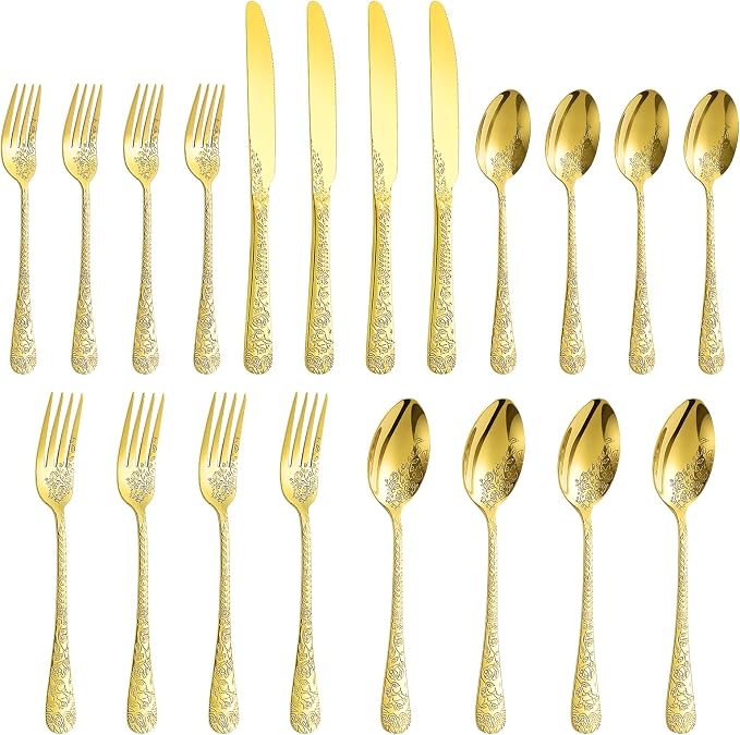 20 Pcs Gold Silverware Set for 4, Food Grade Stainless Steel Flatware Set, Eating Utensils Sets Include Fork/Knife/Spoon, Reusable Cutlery Set for Home Kitchen, Dishwasher Safe, Embossed pattern-1