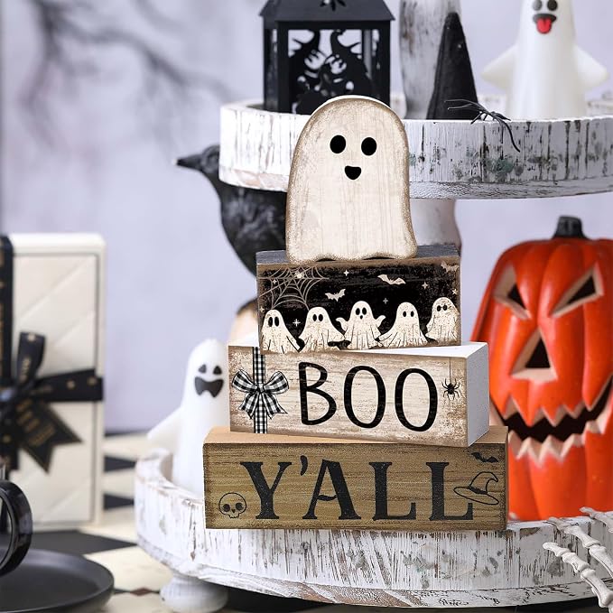 Lineshading 4 Pcs Halloween Table Decoration Wooden Ghost Tiered Tray Decor | Ghost Stackable Blocks Signs, Halloween Wooden Centerpiece with BOO YALL Signs, Rustic Home Decor for Tabletop Kitchen Shelf