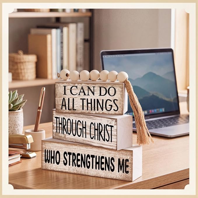 Lineshading 4 Pcs Christian Wood Block Signs, Farmhouse Tiered Tray Decor | Rustic Tabletop Pieces with Beads, Inspirational Bible Verse, God Sign for Home Shelf, I Can Do All Things Through Christ