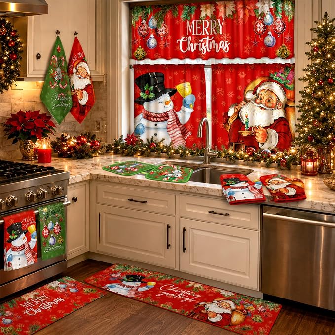 13 Pcs Christmas Kitchen Sets Christmas Oven Mitts and Pot Holders Set Xmas Kitchen Dish Towels Santa Rugs and Nonslip Mats for Home Cooking Baking Grilling Gift Decoration