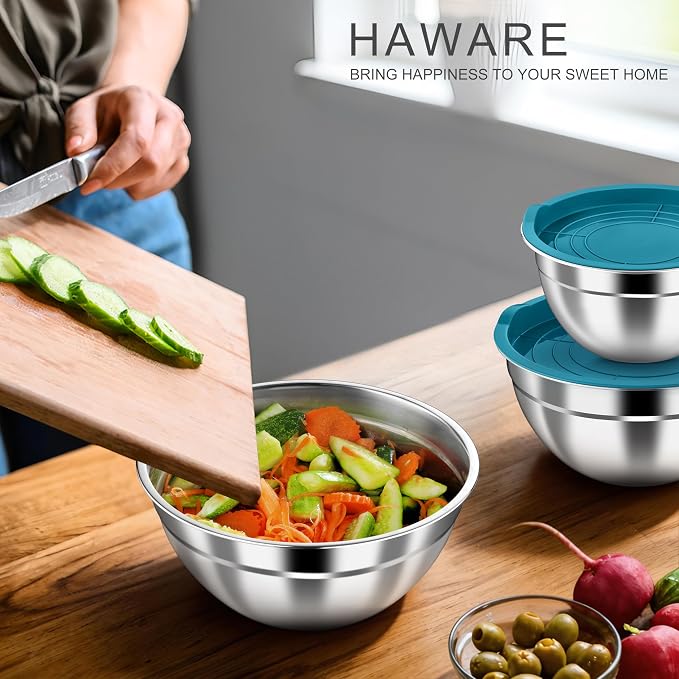 HaWare Mixing Bowls with Airtight Lids, 6-Piece Stainless Steel Salad Bowls | Strong Nesting Bowls for Cooking, Prepping, Baking, Serving & Food Storage, Stackable Design, Size 4.6, 3, 1.5QT, Teal Blue