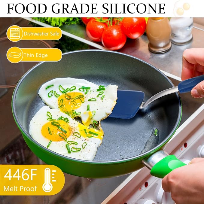 Silicone Cookie Spatula Turner 2 Pack Mini Brownie Spatula Flexible Kitchen Small Silicone Turner for Nonstick Cookware Heat Resistant No Scratch Flipper for Egg(Solid Flat,Blue)