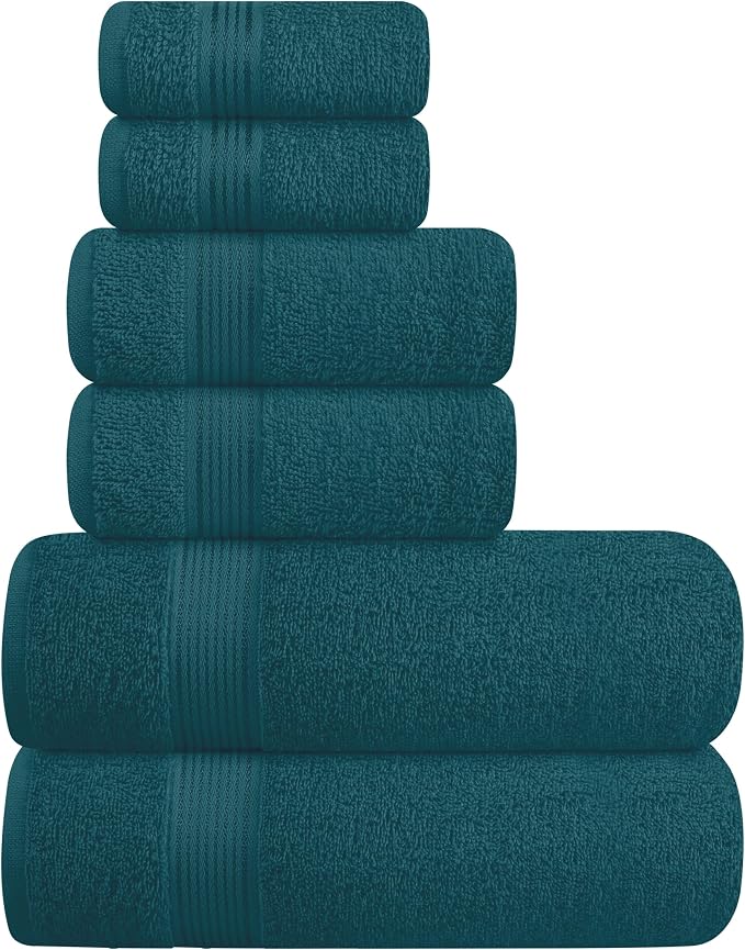 Ultra Soft 6 Pack Cotton Towel Set, Contains 2 Bath Towels 28x55 inch, 2 Hand Towels 16x24 inch & 2 Wash Coths 12x12 inch, Ideal Everyday use, Compact & Lightweight - Teal