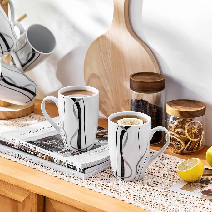 VEWEET Large Coffee Mugs Set of 6, 16 OZ White Cups Set Ceramic, Fiona | Large Coffee Mugs Set of 6 with Handle, Microwave and Dishwasher Safe White Ceramic, Easy Grip for Tea, Coffee