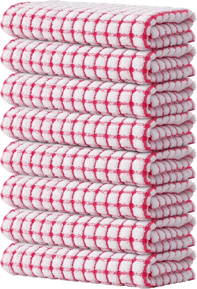 Kitinjoy Cotton 8 Pack Terry Kitchen Towels, Red | 16 x 25 Inches Super Soft and Absorbent Dish Towels, Quick Drying hand towels for kitchen Drying