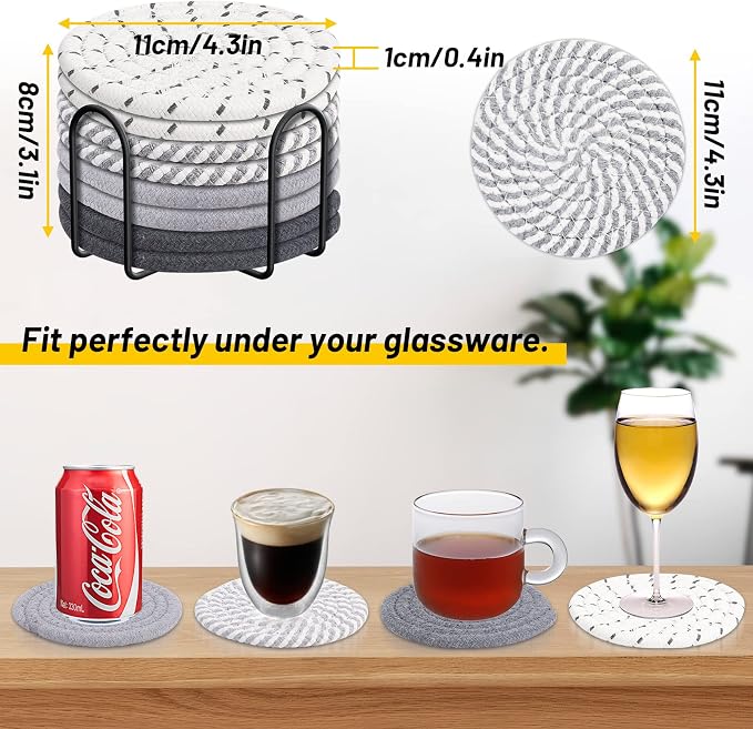 8 Pcs Drink Coasters with Holder, 4 Colors Absorbent Coasters, Minimalist Cotton Woven Coaster Set for Living Room Decor, Tabletop Protection Suitable for Kinds of Cups, 4.3 Inches