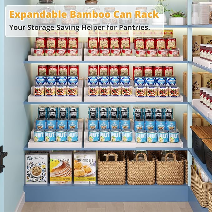 3-Tier Expandable Bamboo Can Organizer for Pantry, Holds 24 Cans, White | Adjustable Can Storage Rack for Kitchen Cabinets, Soda & Canned Goods Holder for Pantry Organization, White (Patent Pending)