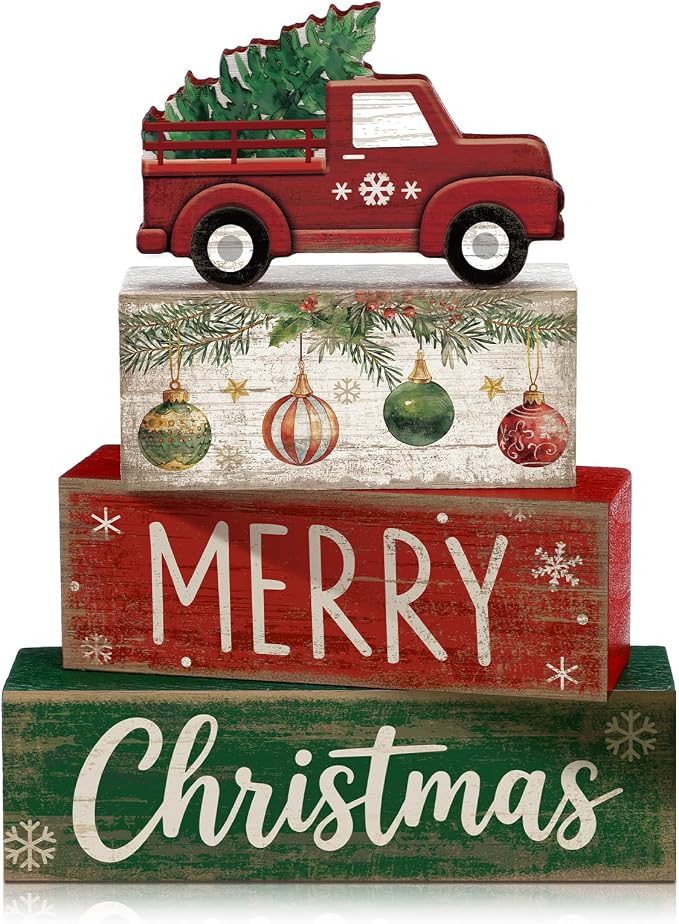 Lineshading 4 Pcs Christmas Table Decor, Red Truck Tree Block Sign Home | Red Truck With Pine Tree, Christmas Centerpiece For Tiered Tray, Rustic Wood Stack Sign, Holiday Kitchen Shelf Home Decor
