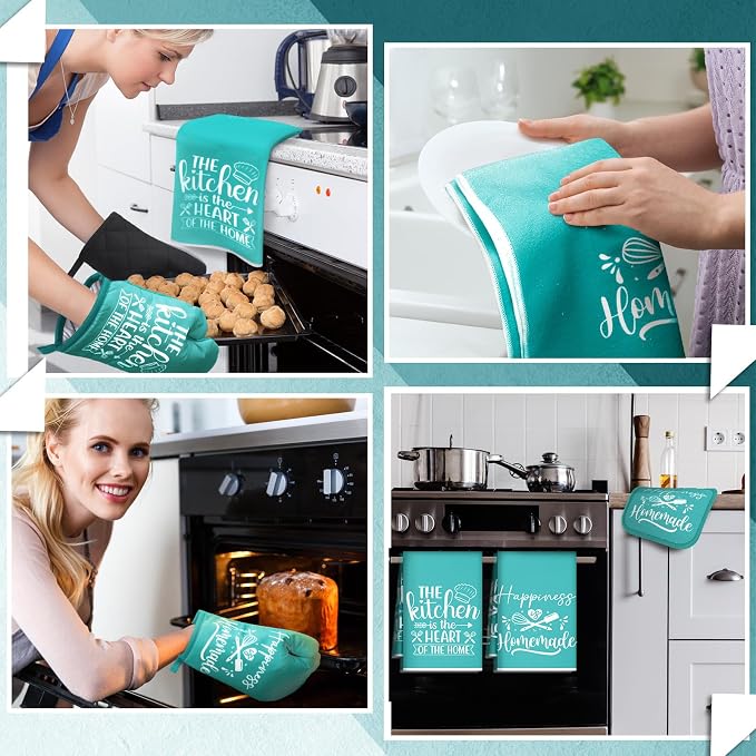 Sratte 6 Pcs Kitchen Decor Accessories Set, Kitchen, Light Teal | Farmhouse Kitchen Towels Pot Holders Oven Mitts Set 2 Dish Towels 2 Potholders 2 Cooking Mittens for Baking Cooking Supply