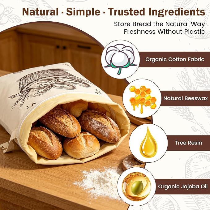Beeswax Bread Bag with Loaf Label Holder & Reusable Writable Card | Included User Manual & Care Instructions,Waterproof Zipper Closure,Roll-Top Buckle Design,Sourdough Homemade Bread Storage