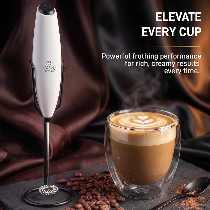 Zulay Kitchen Powerful Milk Frother Wand With Duracell Batteries - Ultra Fast Handheld Drink Mixer - Electric Whisk Foam Maker for Coffee, Lattes, Cappuccino & Matcha - Z1 Motor - Exec White & Black