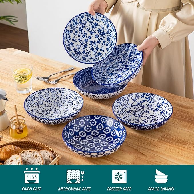 vancasso Selene 8.5" Pasta Bowls Set of 6, 40 oz Porcelain Shallow Salad Bowls, Serving Bowls Large Kitchen Bowl Plates Pasta Plates, Blue & White Floral Design, Microwave Safe