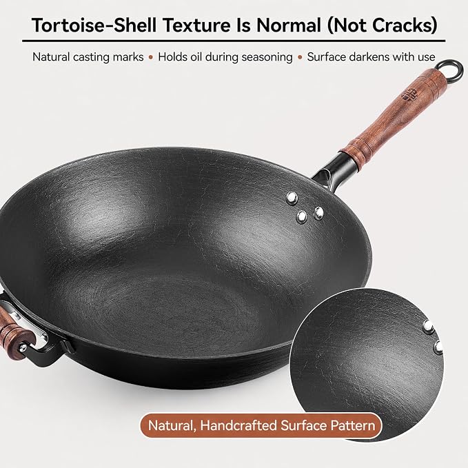 WANGYUANJI Cast Iron Wok Pan with Wooden Lid, 13.4 Inch Flat Bottom Chinese Stir Fry Wok, Textured Uncoated Large Wok for Induction, Gas, Electric & Ceramic Stoves, Seasoning Recommended | Uncoated cast iron wok with wood lid for induction, gas and ele...