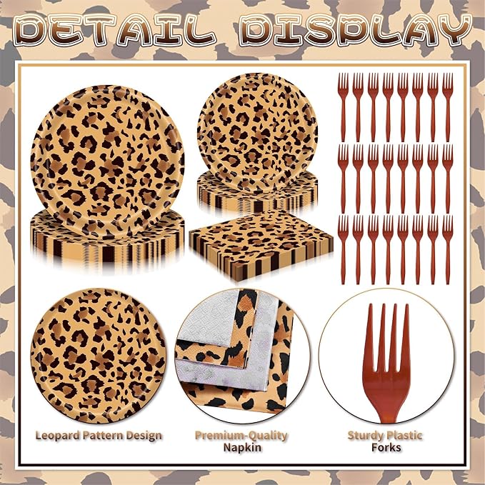 100 Pieces Leopard Print Party Tableware Set – Cheetah Animal Print Plates, Napkins and Forks, Disposable Dinnerware for Safari Jungle Birthday and Baby Shower Party Supplies