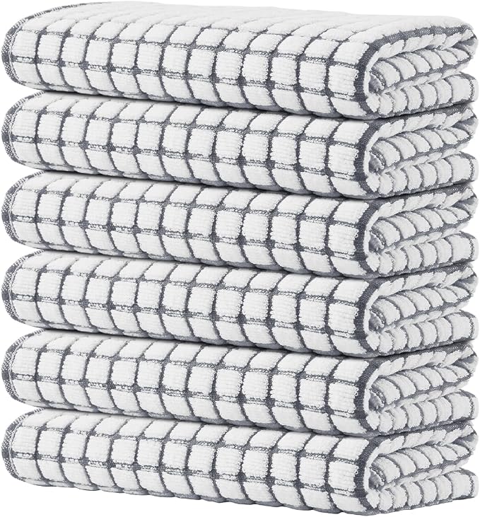 Kitinjoy Cotton 6 Pack Terry Kitchen Towels, Grey | 16 x 25 Inches Super Soft and Absorbent Dish Towels, Quick Drying hand towels for kitchen Drying