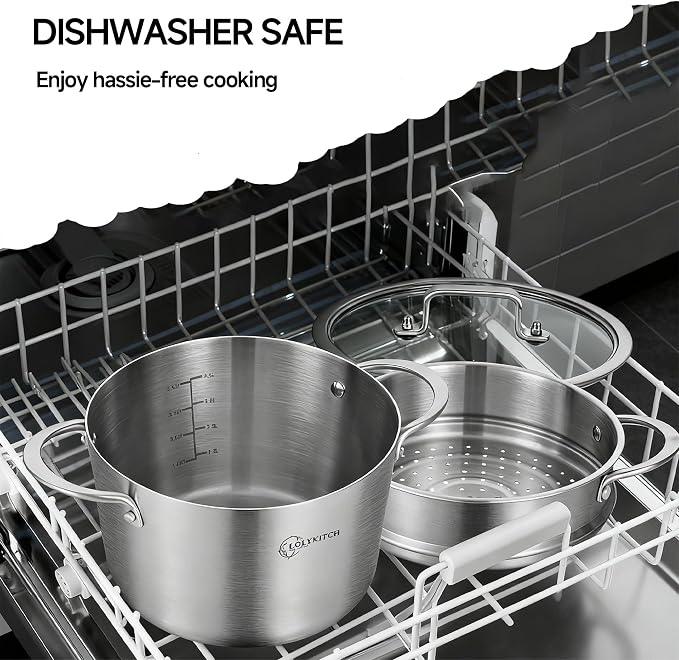 LOLYKITCH 5-Quart Tri-Ply Stainless Steel Steamer Pot with Glass Lid | Steaming Pot for Cooking | 2 Tier Induction Steamer Pot for Tamales Seafood Vegetables Dumplings | Stock Pot | Thick