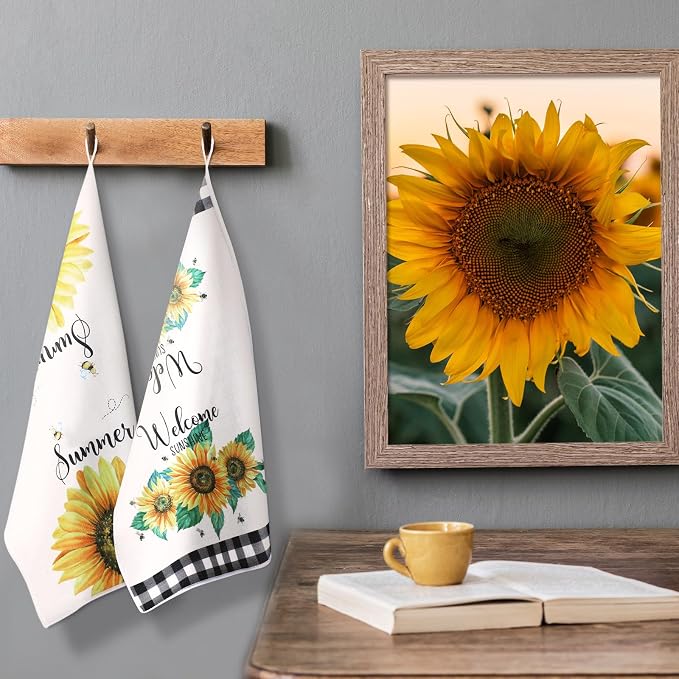 4 Pcs Sunflower Kitchen Towels Set, Hand Tea Towels Gifts | Absorbent Fast Drying Dish Clothes Floral Black White Plaid Decor Housewarming Gift for Cooking Bathroom Kitchen Decor