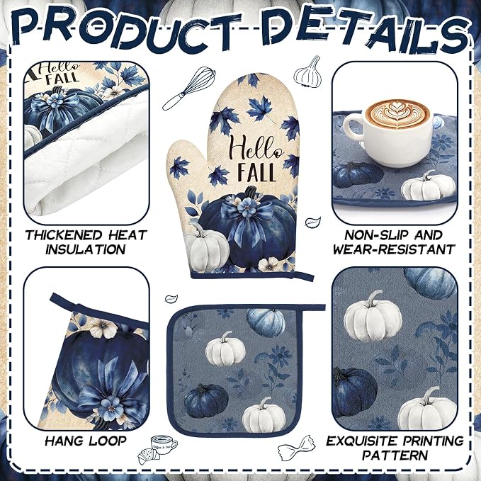 Fourluoo 10 Pcs Kitchen Dish Towels Rugs Oven Mitts and Pot Holders Set Farmhouse Kitchen Decor Set for Women Mom Daughter Gift Cooking Baking Grilling(Blue,Pumpkin)