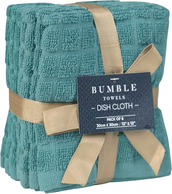 Bumble Dish Cloths (8-Pack), 100% Cotton Kitchen Towels, 12"x12" - Aqua | 405 GSM | Soft, Highly Absorbent & Durable Dish Towels for Kitchen