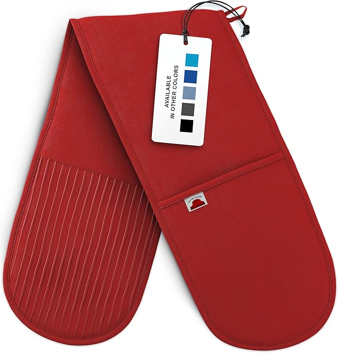 Red Double Oven Mitt Kitchen Protection, Pack of 1 34x7.5 inches Heat Resistant Cotton, Professional Grade with Terrycloth Lining