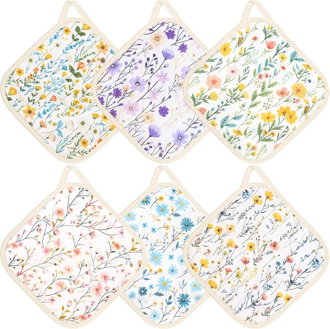 6 Pack Pot Holders 100% Cotton Heat Resistant Potholder, Machine Washable Pot Holder, Hot Pads, Table Pads for Cooking Baking (Y)