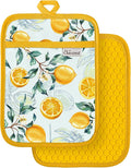 100% Cotton Pot Holders Textured Soft Silicone Grip Lemon | Stylish Pot Holders 2pcs, Machine Washable Non-Slip Heat Resistant Hot Pads & Oven Mitts 2-in-1, Practical Kitchen Decor
