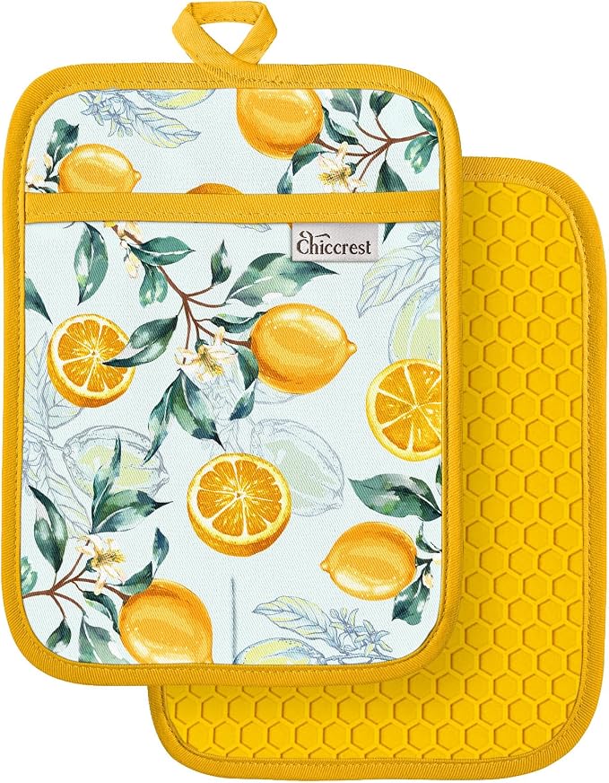 100% Cotton Pot Holders Textured Soft Silicone Grip Lemon | Stylish Pot Holders 2pcs, Machine Washable Non-Slip Heat Resistant Hot Pads & Oven Mitts 2-in-1, Practical Kitchen Decor