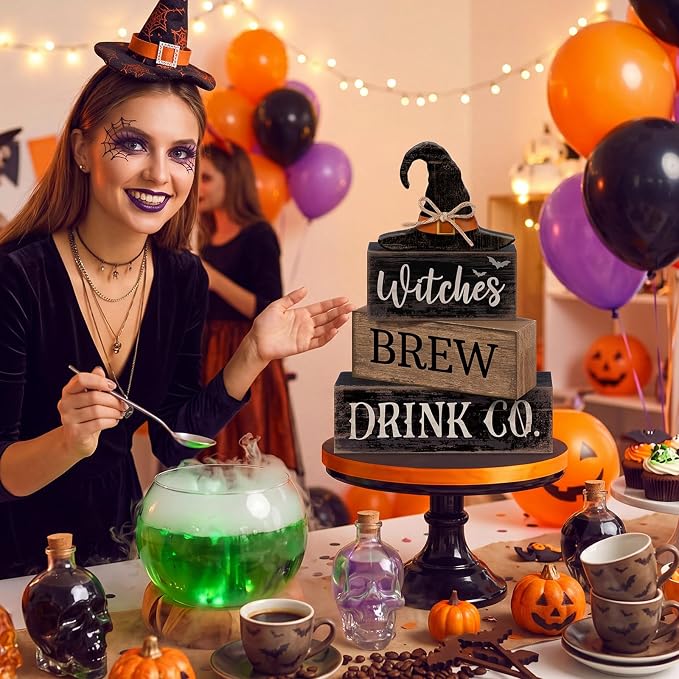 Lineshading 4 Pcs Halloween Witch Wood Block Signs, Tiered Tray Decor | Rustic Wooden Blocks with Witches Brew Theme, Distressed Farmhouse Style for Tabletop, Fall Party Home Decoration