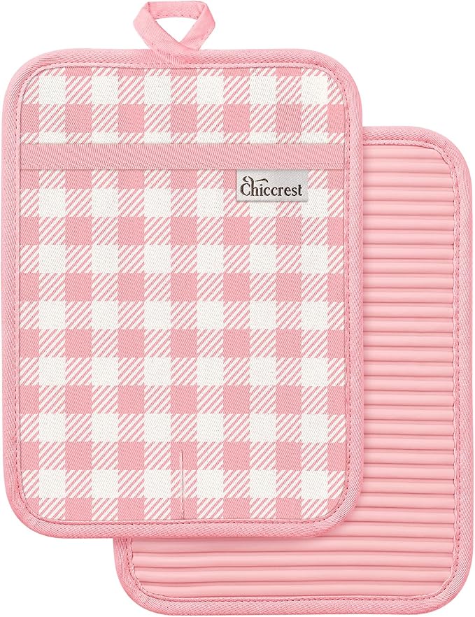 100% Thick Cotton Pot Holders Ribbed Soft Silicone Pink Gingham | Stylish Pot Holders with Pockets, Ribbed Soft Silicone, Machine Washable Non-Slip Heat Resistant Hot Pads 2pcs, Kitchen Gift