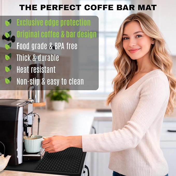 Coffee & Bar Mat For Countertop With "Edge Protection" – Espresso Machine & Coffee Maker Mat – Silicone Heat Resistant Mat – Non-Slip & BPA-Free Food Grade Mat – 16"(Front) x 24"(Length), Black