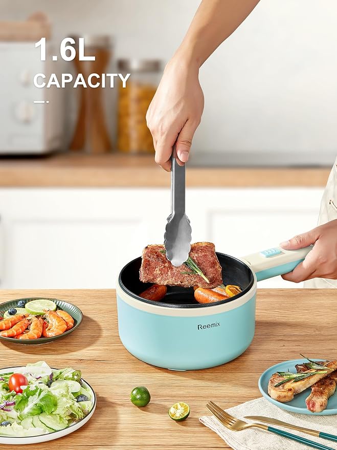 Hot Pot Electric With Steamer, 1.6L Ramen Cooker Non-Stick Sauté Pan | for Steak, Egg, Fried Rice, Ramen, Oatmeal, Soup, Portable Personal Perfect Suit Dorm Room and Apartment (Aqua)