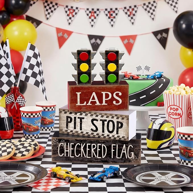 Lineshading 4 Pcs Race Car Wooden Tiered Tray Decor Tabletop Block Signs | Traffic Lights Pit Stop Checkered Flag Design, Boys Racing Birthday Party Room Decorations, Theme Display