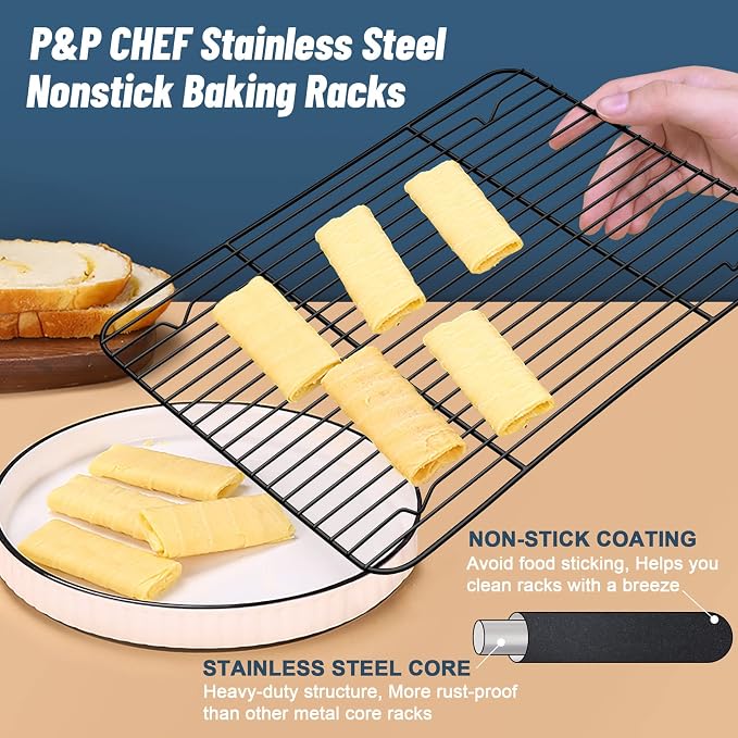 P&P CHEF 15.3" x 11.25" Cooling Baking Wire Racks Pack of 2, Black | Stainless Steel Cooling Racks for Cooking Baking Roasting Grilling Drying, Dense Wires & Smooth Edge, Easy Clean & Rust Proof