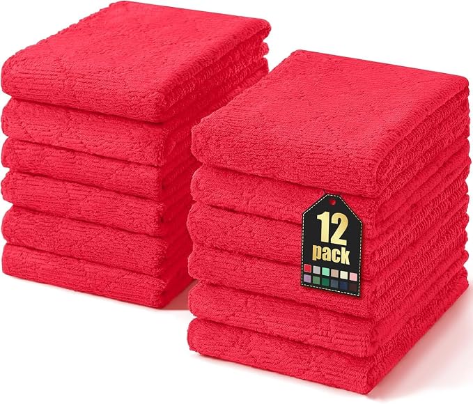 Homaxy 12 Pack Super Soft Absorbent Dish Towels, 10" x 20", Red | Coral Velvet, Nonstick Oil Fast Drying Microfiber Cleaning Cloth, No Lint Dishcloths for washing and drying