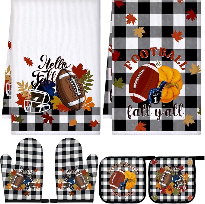 Leinuosen 6 Pack Fall Thanksgiving Kitchen Set with 2 Football Dish Towels, 2 Buffalo Buffalo Plaid Pot Holders and 2 Marple Leaves Oven Mitts for Gifting, Baking, and Cooking Accessories