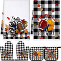 Leinuosen 6 Pack Fall Thanksgiving Kitchen Set with 2 Football Dish Towels, 2 Buffalo Buffalo Plaid Pot Holders and 2 Marple Leaves Oven Mitts for Gifting, Baking, and Cooking Accessories