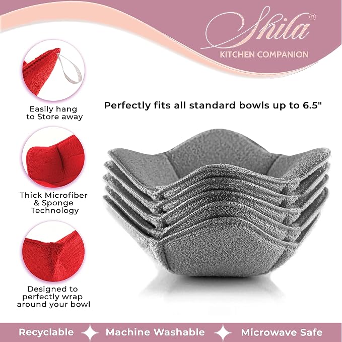 Bowl Cozy, Gray Set of 5 Microwave-Safe Hot Bowl Holders to Keep Your Hands Cool and Your Food Warm, Polyester & Sponge Heat Resistant Dish Pads for Soup, Rice and Pasta Bowls (Gray)