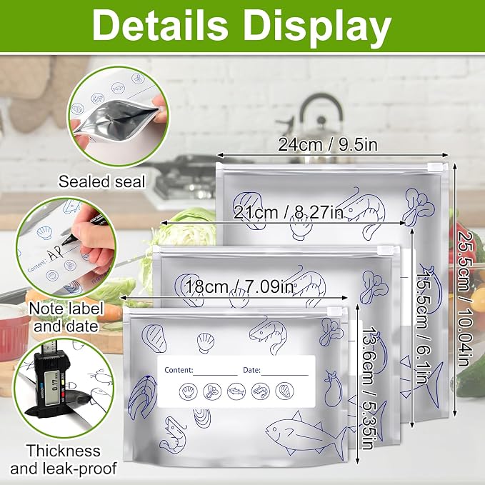 Reusable Aluminum Foil Sealable Storage Bags, Thicken Stand Up Foil Sealable Bags with Label and Zip Lock,Aluminum Foil Bags Food Storage for Vegetables Fruits Meat Seafood & Meal Prep(30Pcs/3 Sizes)