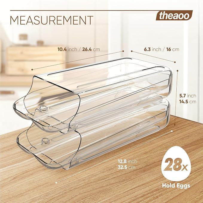 theaoo Egg Holder for Fridge, Automatic Rolling Egg Container, Clear, 2Pack | Quick Removable Inner Tray For Easy Egg Loading. Stackable Egg Dispenser For Refrigerator Storage and Organization