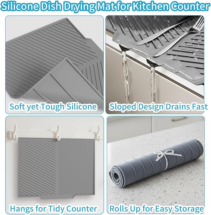 Silicone Dish Drying Mat for Kitchen Counter with 6.5" Built-in Drain Lip & Hanging Hole, Quick-Dry, Heat-Resistant, Non-Slip Stone Drying Mat, Easy to Clean and Drain Board (Grey, 16.9" x 13")