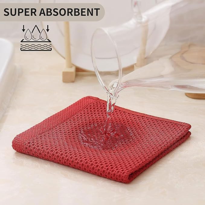 Kitinjoy 100% Cotton Waffle 8-Pack Kitchen Towels, 12" x 12", Brick Red | Ultra Absorbent, Super Soft, lightweight, Quick Drying Dish Rags for Washing Dishes